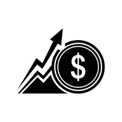 Obraz premium Vector art of black and white graphic illustration of a rising arrow graph superimposed on a coin with a dollar sign, symbolizing financial growth and economic success