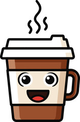 A cheerful, pixel-art illustration of a steaming coffee cup with a happy face, set against a white background.