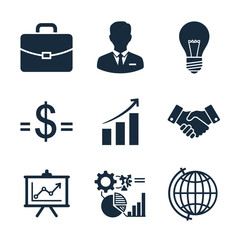 Vector art of collection of business and finance icons including a briefcase, handshake, lightbulb, dollar sign, graph, and globe
