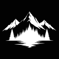 Fototapeta premium Vector art of stylized white silhouette of majestic snowcapped mountains and pine trees reflected in calm water on a, evoking nature and adventure