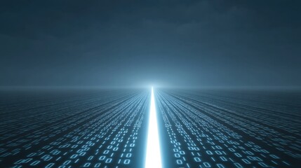 Abstract digital landscape with binary code, vast horizon, illuminated path, futuristic technology, endless data flow, and dark cloudy sky