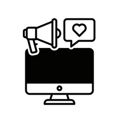 Vector art of digital marketing concept with a megaphone and a heart icon in a speech bubble above a computer monitor