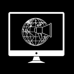 Vector art of computer monitor displaying a globe with a megaphone, representing global communication and marketing