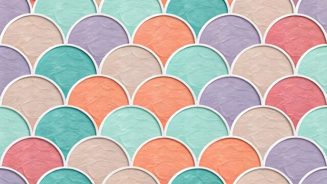 Pastel Fish-Scale Pattern. Mint, coral, and lavender arcs forming textured paper fish-scale design.