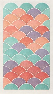 Pastel Fish-Scale Pattern. Mint, coral, and lavender arcs forming textured paper fish-scale design.