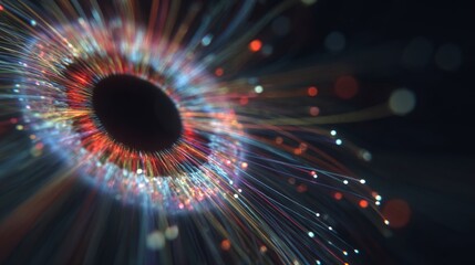 Illuminated prism: unveiling the hidden depths of the human eye. Internet communication icon. Dynamic rainbow lines crafting an intricate human eye animation. Digital communication link.