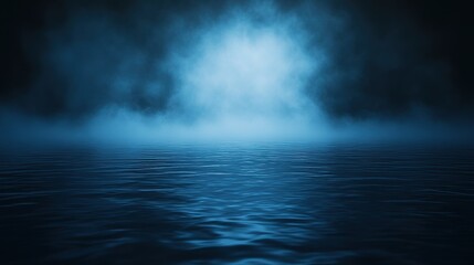 Fototapeta premium Dark blue background with fog, glowing light rays on water surface—also dark abstract dark blue backdrop with smoke/mist (for product presentation/scenes); abstract black background with dark fog