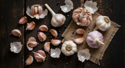 Overhead View of Fresh Garlic Cloves on Rustic Wooden Table
