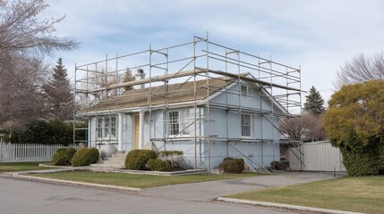 Naklejka premium Renovation Process of Residential Home with Scaffolding Featuring Clear Sky and Surrounding Landscape in Suburban Neighborhood
