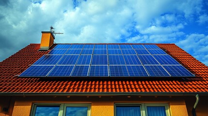 Fototapeta premium Blue Solar Panels On Red Tile Roof Under Cloudy Sky In Residential Building Exterior With Bright Sky Background With Cloudy Sky Condition Showing Solar Energy Installation On House Roof Top With