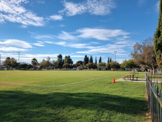 Obraz premium Wide-open grassy field under a partly cloudy sky