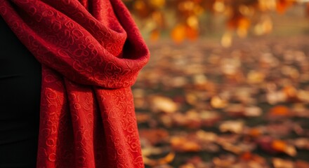 Red Knit Scarf Autumn Leaves Background