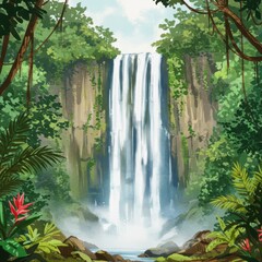 Naklejka premium Watercolor illustration of a tropical waterfall surrounded by lush summer plants and greenery, hand-painted exotic landscape