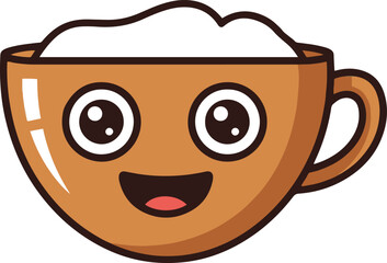 This illustration showcases a pixel art rendering of a coffee cup with a cheerful expression.