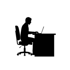 Vector art of silhouette of a man sitting at a desk and working on a laptop computer
