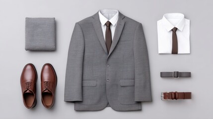 Elegant business attire flat lay featuring gray suit jacket, white dress shirt, brown shoes, tie, and accessories arranged on a gray background