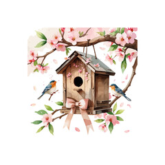 bird house on a branch , spring themed bird house and spring flowers, wooden bird house