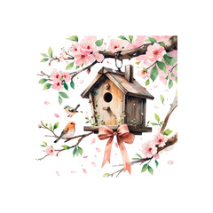bird house with flowers , bird house on a branch , spring themed bird house and spring flowers
