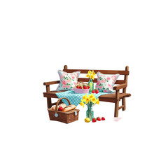 wooden bench on white background , outside bench in spring background , bench with basket with foods and a flower vase