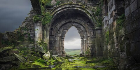 Naklejka premium Exquisite Stone Ruins with Arched Doorway Surrounded by Lush Greenery Under Dramatic Cloudy Sky in a Serene Landscape
