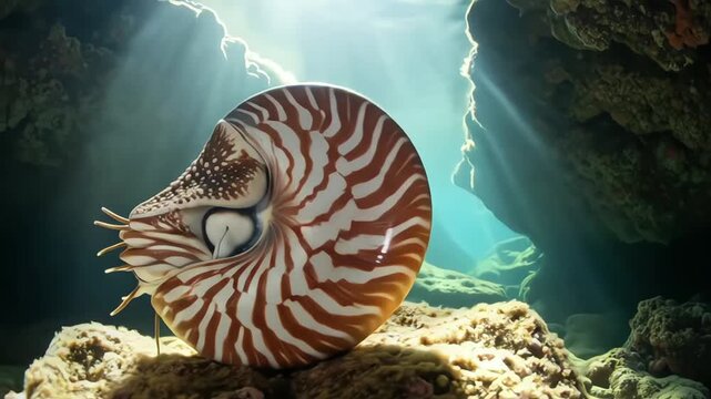 A nautilus shell rests on a rocky ocean floor, illuminated by sunlight.