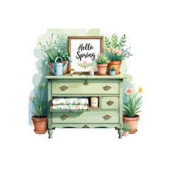 wooden box with flowers , hello spring , green dresser with drawers , potted plants and a watering can © Sajana Jayathissa