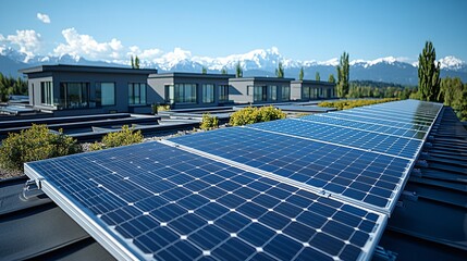 Modern Rooftop Solar Panel Installation with Mountain View Landscape Imagery showing a Blue Sky and Bright Sunlight. Featuring a Contemporary Building. Sustainable Energy, Renewable Energy, and Eco