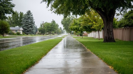 Serene Rainy Day Sidewalk View with Green Grass and Lush Trees on a Quiet Residential Street in Urban Neighborhood