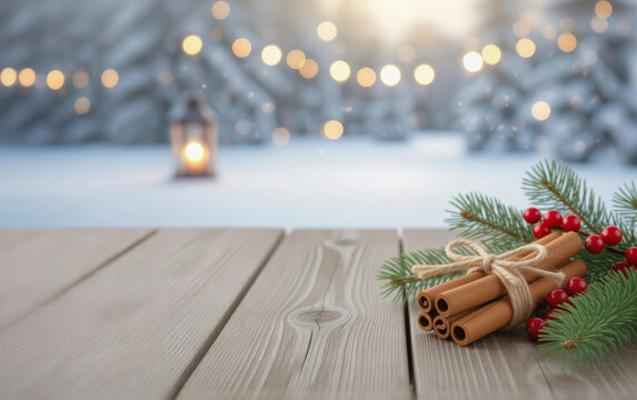 Rustic wooden table with bundle of cinnamon sticks, fir branches, and red berries, glowing lantern and snowy pine trees blurred in background, cozy Christmas season backdrop for festive product displa