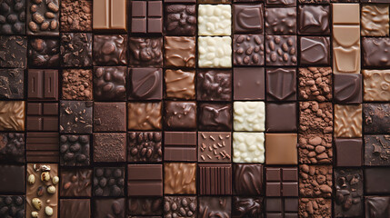 A mosaic of chocolate bars arranged in a pattern with variations of dark, milk, white, and dark chocolate. A background illustration of the types of chocolate.