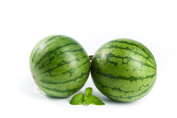 Fresh Green Watermelons with Mint Leaves on White Background - Summer Fruit Concept