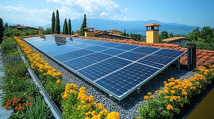 Residential Rooftop Solar Panel Installation with Blooming Yellow Flowers and Mountain View Landscape Features and Houses in Summer Sunlight. Architectural Perspective on Eco Friendly Home Energy
