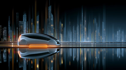첨단 도시를 배경으로 미래형 자율주행 자동차가 운행하는 모습, 초현실적 배경-A futuristic self-driving car driving against the backdrop of a high-tech city, a surreal backdrop