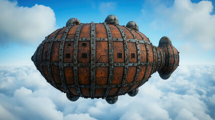 Obraz premium Vintage airship with wooden panels and metal details floating among fluffy clouds in a bright blue sky, showcasing retro-futuristic design and fantasy elements