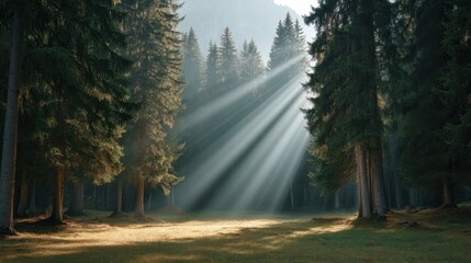 Obraz premium Sunlight Filters Through Trees in Serene Forest Landscape Illuminating Ground with Soft Light and Creating Peaceful Atmosphere for Nature Lovers and Outdoor Enthusiasts
