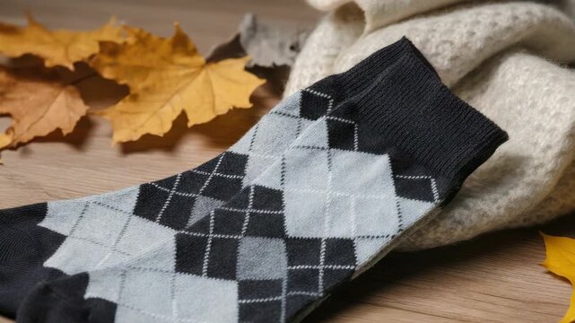 Warm, argyle-patterned socks on wooden surface with autumn leaves