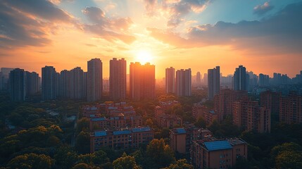 Fototapeta premium Vibrant Sunset over Urban Skyline Golden Hour Cityscape Aerial View