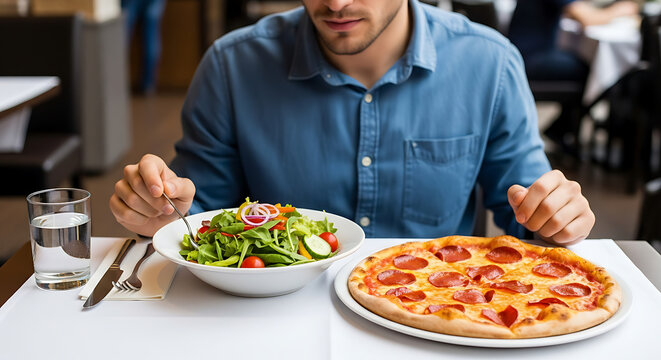 Man eating pizza and salad in restaurant healthy lifestyle choices and unhealthy food options comparison