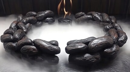 Mystic stones circle in smoky haze around a central flame, creating a ritualistic atmosphere