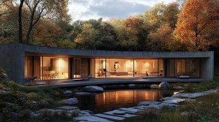 Obraz premium Modern home with a curved concrete structure overlooking a pond and autumn forest. Large windows
