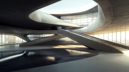 Fototapeta premium Modern architectural interior with curved staircases and windows, sunlight casting shadows on polished floors
