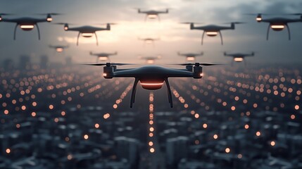 Aerial panoramic shot of night sky filled with drone swarm military lights in tactical formation.
