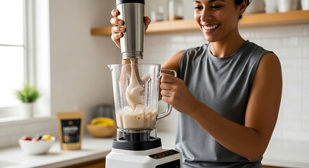 Smiling woman making a protein shake in a blender at home for a healthy lifestyle