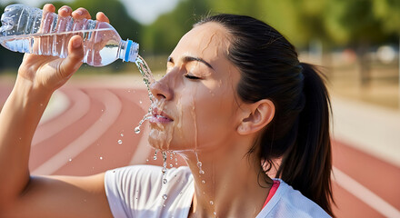 Thirsty woman pours water on face after exercise on track refreshing and hydrating hot day