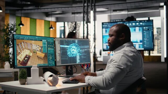 Black developer uses AI systems for housing and commercial property development, featuring automation, predictive analytics and simulation tools for master plan creation. Cybernetics. Camera A.