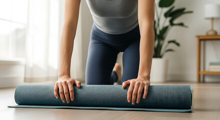 Obraz premium Woman unrolling yoga mat for home fitness workout and healthy lifestyle