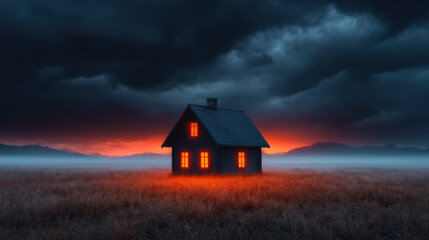 Haunted house with glowing windows in dark field under stormy sky creates spooky halloween banner atmosphere for eerie celebration