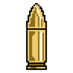 Pixel bullet icon vector. Perfect for representing security, accuracy, and shooting games. A modern, digital icon that merges a classic symbol of a bullet with a pixelated, technology-inspired look.