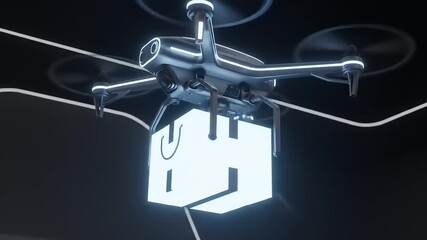 Futuristic drone delivering a package in a sleek, high-tech environment with glowing accents - Powered by Adobe