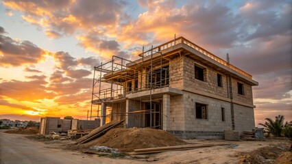 Obraz premium Sunset construction house scaffolding brick architecture building site ai in insurance analytics